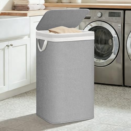 STORAGE MANIAC Metal Frame Laundry Hamper with Lid, 23.7 Gal Tall Laundry Baskets with Removeable Bag, Large Clothes Hamper with PU Tag, Laundry Bin for Dorm, Collage, Bathroom, Bedroom, Gray - Image 2