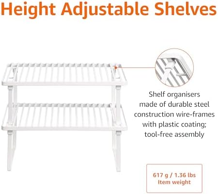 Amazon Basics Space-Saving Stackable Metal Kitchen Cabinet Organizer Shelves for Dishes, Pantry Organization, 12.5" L x 8" D x 4.5" H, Set of 2, White - Image 4