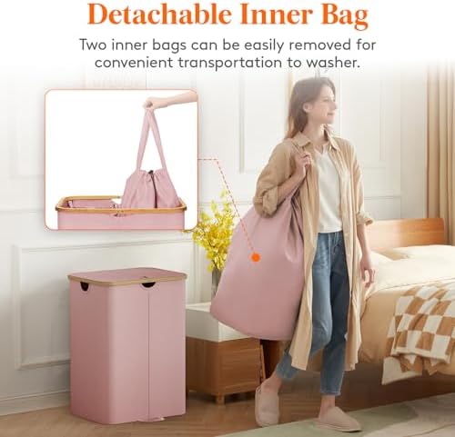 Lifewit 150L Double Laundry Hamper with Lid and Removable Bag, Pink - Image 4