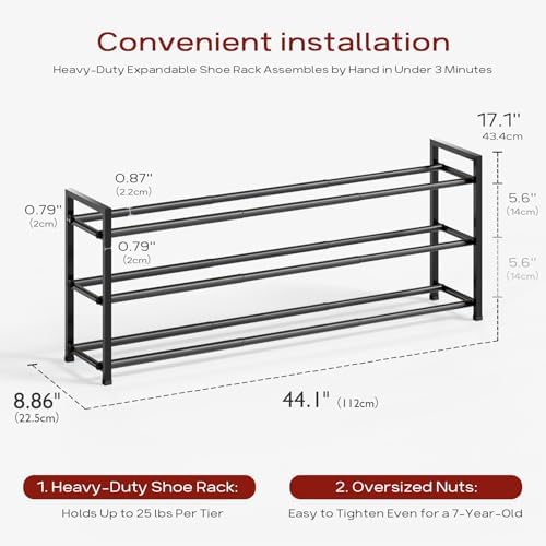 Bumusty 3 Tier Long Expandable Shoe Rack for Closet, Black - Image 3