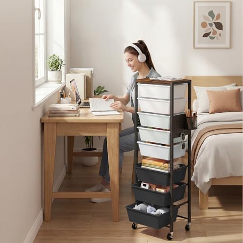 Rolling Cart with Drawers, Rolling Storage Cart with Large Plastic Drawers & Wooden Tabletop, Utility Cart with Pegboards & Basket, Storage Drawers Cart for Living Room, Classroom, Bedroom, Office - Image 6