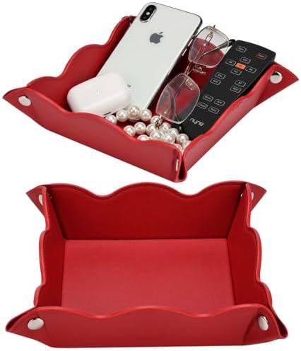 Valet Tray for Men Women 2 Pack - PU Leather Travel Catchall Tray Organizer - Desk Bedside Nightstand Storage Box for Jewelry Key Phone Remote Controller Wallet Watch Glasses Readers -Red by Unknown