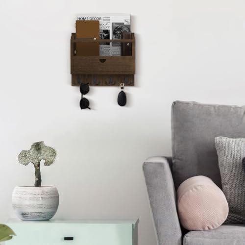 Nekon Mail Organizer with Drawer for Wall, Wooden Key Holder, Brown - Image 4