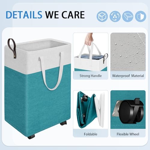 HomeHacks 75L Rolling Laundry Basket with 4 Wheels Collapsible Green - Image 3