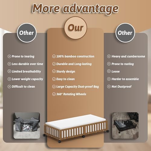 2 Pack Large Bamboo Under Bed Storage Containers with Wheels, Brown | Underbed Drawer Storage with Bag, Wood Rolling Underbed Organizer for Shoes, Sheets Clothes Blanket Comforter, Under Crib Toy - Image 4