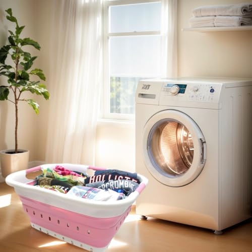 SAMMART 41L Collapsible 3 Handled Plastic Laundry Basket - Foldable Pop Up Storage Container/Organizer - Portable Basket - Space Saving Hamper/Basket (3 handled rectangular, White/Pink) - Image 2