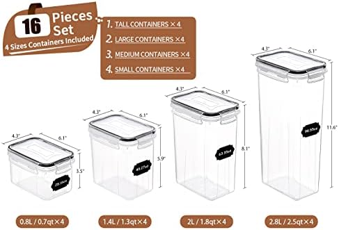 PRAKI Airtight Food Storage Containers Set, 16 Pcs BPA Free Plastic Dry Food Canisters for Kitchen Pantry Organization and Storage Ideal for Cereal, Flour & Sugar - Labels, Marker(Black) - Image 2