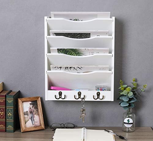PAG-Mass 5-Tier Wall File Holder Hanging Mail Organizer Wood Magazine Literature Rack with 6 Hooks, White - Image 6