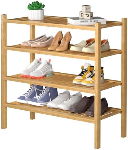 ROMGUAR CRAFT 4 Tier (Thick) Bamboo Shoe Rack for Closet Free Standing Wood Shoe Shelf for Entryway Small Space Stackable 27"x12"x28" (Natural) by ROMGUAR+CRAFT