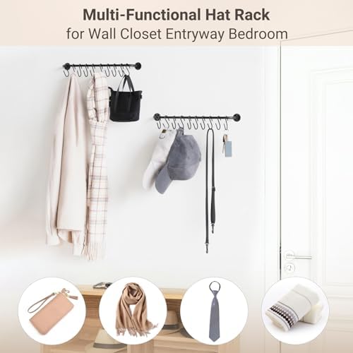 Mkono Hat Rack for Wall Baseball Cap Organizer Hanger with 20 Hooks Modern Metal Hat Holder Wall-Mounted Caps Display for Closet Door Bedroom Entryroom Laundry, Set of 2 Black (Pack of 2) - Image 5