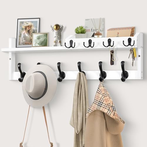 27.5" Wall Mount Coat Rack with Shelf, Key Holder & Mail Organizer, White by GODDGITT