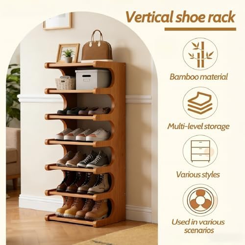39" Bamboo Shoe Rack - Vertical Shoe Organizer Rack for Small Space, Narrow Shoe Tower for Closet, Entryway, Corner, Tall Shoe Shelf with Removable Shelves, Flexible Storage Shelf for Saving Space - Image 5