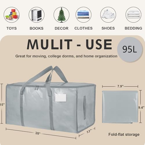 12 Pack-Extra Large Heavy Duty Moving Bags - Waterproof Storage Totes with Handles & Zippers, Foldable for College Dorm, Storage (light gray) - Image 2