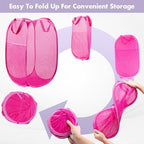 Pop Up Laundry Hamper, 70 L Collapsible Mesh Basket with Side Pocket, Pink - Image 5