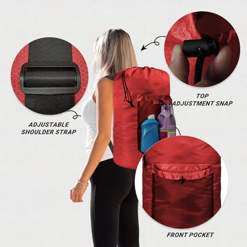 Laundry Bag with Shoulder Straps and Mesh Pocket Laundry Backpack Large Portable Laundry Hamper for College Laundromat Apartment (Red) - Image 3