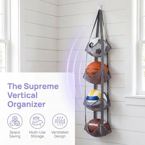 2 Pack Hanging Ball Storage Organizer, 4-Tier Mesh Holder for Basketballs, Soccer Balls and Toys, Space-Saving Ball Organizer for Kids Room, Garage & Home Ball Storage Solution (Purple) - Image 4