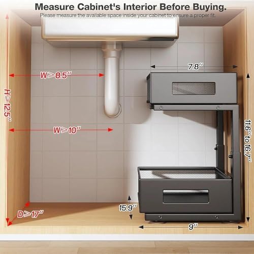 Under Sink Organizer, 2-Tier Dual Pull Out Cabinet Organizer Drawers With Smooth Circular Rail, Large Capacity Metal Mesh Sliding Shelves For Bathroom& Kitchen Storage,Height Adjustable–Black,1 Pack - Image 2