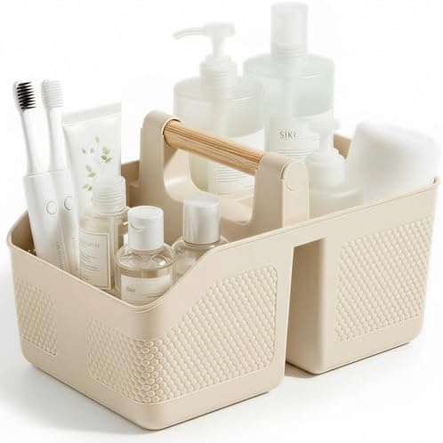 Plastic Shower Caddy Portable Shower Basket with Bamboo Handle, Cream by rejomiik