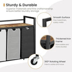 SwaaVee Laundry Sorter, Laundry Hamper 3 Section, 3×11.4Gal, Metal Frame Rolling Laundry Basket with Wooden Top Shelf, Pull out and Removable Laundry Bags, 3 Bags-Black Grey White - Image 5