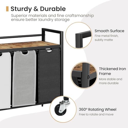 SwaaVee Laundry Sorter, Laundry Hamper 3 Section, 3×11.4Gal, Metal Frame Rolling Laundry Basket with Wooden Top Shelf, Pull out and Removable Laundry Bags, 3 Bags-Black Grey White - Image 5
