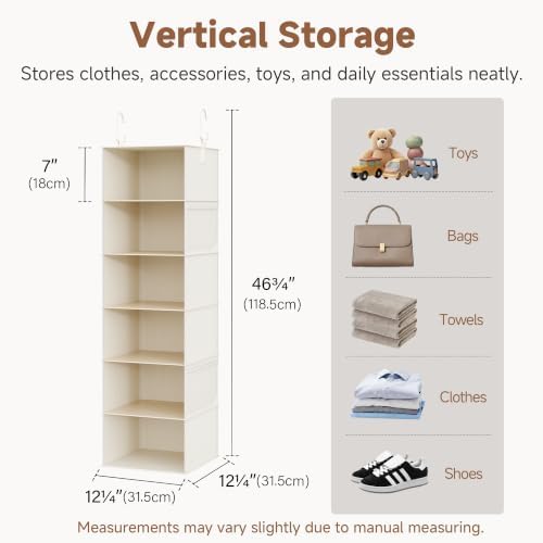 StorageWorks 6-Shelf Hanging Closet Organizer, Hanging Shelves for Closet, Fabric, Mixing of Beige, White & Ivory, 12" D x 12" W x 47 1⁄2" H - Image 3