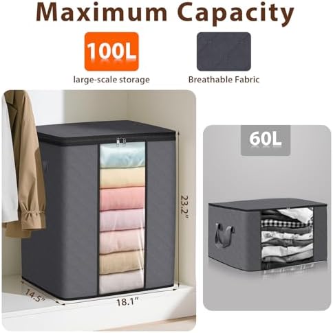 SpaceWhisper 4 Pack 100L Clothes Storage, Foldable Storage Bags, Grey | Thick Fabric, Clear Window, with Reinforced Handle, for Clothing, Blanket, Comforters, Bedding Organizing - Image 2