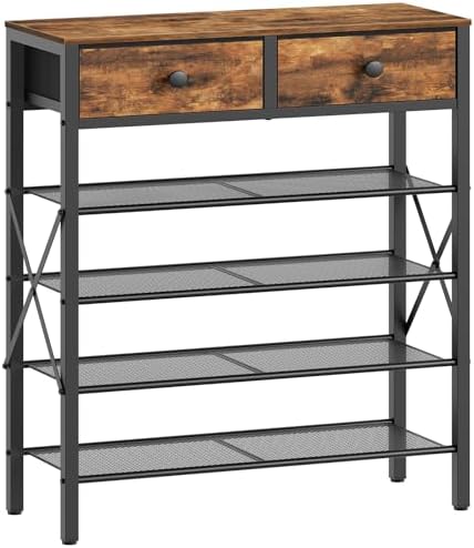 YATINEY 5 Tier Shoe Rack, Large Capacity Shoe Storage Organizer, Metal Shoe Shelf with Drawer and Wooden Top, for 20 Pairs of Shoes, for Entryway, Closet, Rustic Brown and Black SS25BRY1N1 by Yatiney