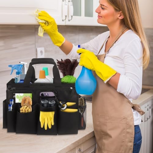 Qivine Cleaning Caddy with Handle, Cleaning Supply Caddy Foldable Tool Bag Cleaning Products Organizers Portable Cleaning Bucket Organiser for Storing Towels（Black Square） - Image 2