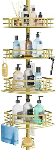 Consumest Corner Shower Caddy Tension Pole - Rustproof Shower Shelves with Towel Bar & Soap Holder, Adjustable Bath Organizer for Bathroom Storage, 27.6-108.3 inch, Gold by Consumest