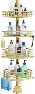 Consumest Corner Shower Caddy Tension Pole - Rustproof Shower Shelves with Towel Bar & Soap Holder, Adjustable Bath Organizer for Bathroom Storage, 27.6-108.3 inch, Gold by Consumest