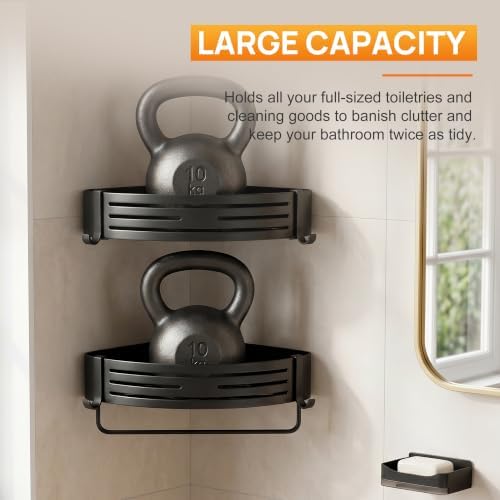 Black Adhesive Triangle Shower Caddy with Towel Bar, Soap Dish and Hooks - Image 6