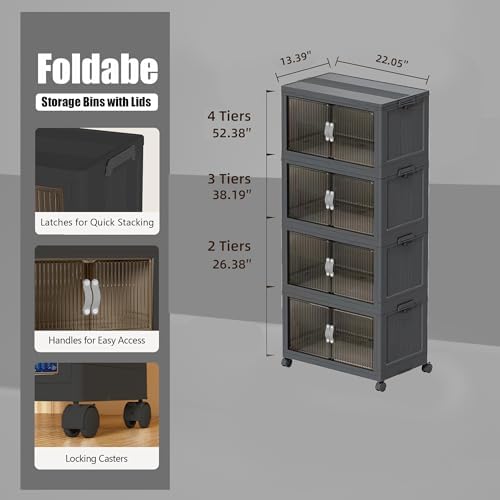 Collapsible Storage Bins with Lids and Front Doors, Heavy-Duty Stackable Plastic Organizers, Folding Utility Storage Boxes for Garage, Office, Pantry and Home (4, Dark Grey, 19 Gal/Rack) - Image 2