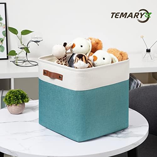 Temary Fabric Storage Cubes 13x13 Storage Baskets for Organizing, 4Pack Large Fabric Storage Bins with Handles Cube Storage Baskets for Storage Clothes, Books (White&Teal) - Image 5