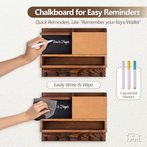 Key Holder for Wall Mount with Mail Organizer, Farmhouse Key Holder for Wall with Shelf, Chalkboard&Corkboard, Entryway Organizer 11 Metal Hooks, Decorative Natural Pine Wood, 14.6*11.1*3.3”, B-Brown - Image 4