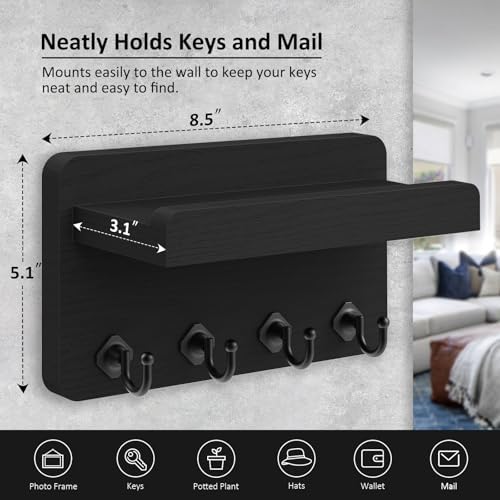 Nekon Key Holder Wall Mount, 8.5 Inch Small Wooden Wall Organizer, Black - Image 6