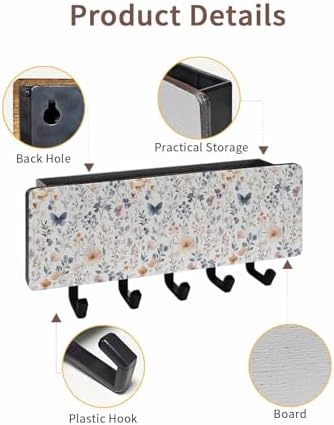 Watercolor Flower Key Holder Wall Mount,Spring Farm Leaf Country Retro Plant Black Hanging Mail Organizer with 5 Key Hooks Wall Decorative,Adhesive Key Rack with Shelf for Kitchen Entryway Decor - Image 2