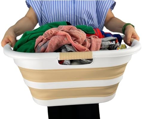 SAMMART 40L (10.5 gallon) Collapsible Plastic Laundry Hamper - Foldable Pop Up Storage Container/Organizer - Portable Washing Tub - Space Saving Basket (1, White/Beige) - Image 6
