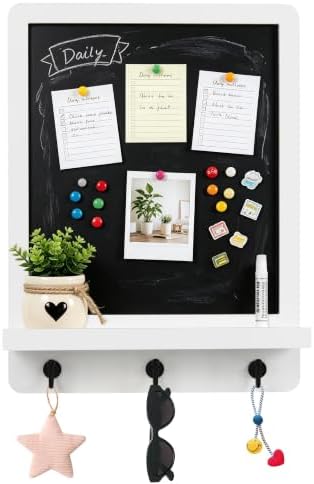 Tirzah 12 x 16 Inch Wall Mounted Magnetic Chalkboard with Shelf and 3 Hooks, White Wood Framed Hanging Memo Board Organizer for Entryway, Kitchen, Home Office - Image 4