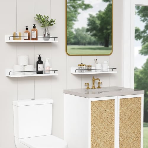 Forbena White Floating Shelves Bathroom Shelves Over Toilet Set of 3, Bathroom Organizers and Storage Shelves Wall Mounted, Modern Wood Corner Wall Shelf for Bedroom Closet -White and Dark Grey - Image 2