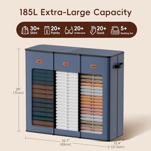 185L Laundry Hamper 3 Section, Laundry Hamper with Lid, Dirty Clothes Hamper with 3 Removable Washing Bags, Extra Large Laundry Basket Organizer for Bedroom, Laundry Room, Dorm - Navy Blue - Image 3