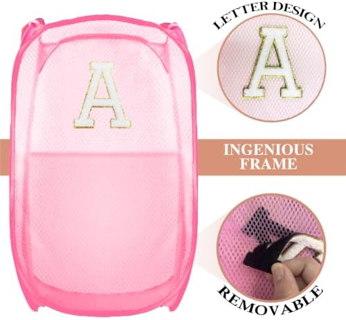 Collapsible Pop Up Laundry Hamper, Extra Large with Removable Initial Letter A, Mesh Foldable Laundry Basket, 28" x 16" x 16" (Pink) - Image 3