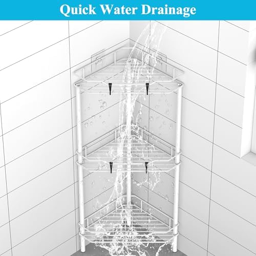 HuggieGems Metal Floor Standing Corner Shower Caddy, White, 3 Tier - Image 6