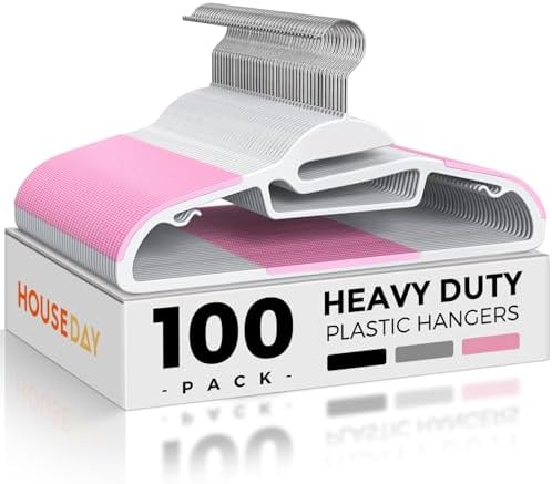 HOUSE DAY Slim Plastic Hangers with Non Slip Rubber Pads, 100 Pack, Pink | Space saving closet organizer, heavy duty S-shape, rubber grip pads help keep shirts, suits, coats, pants, skirts in place by HOUSEDAY
