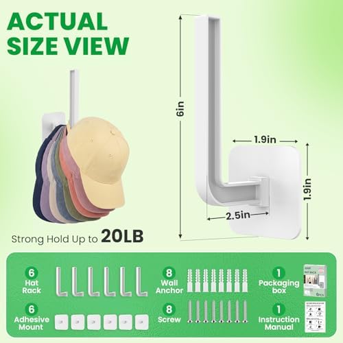 Hat Racks for Wall, 6 Pack Wall Hat Organizer, Adhesive Hat Holde for Door - Image 4