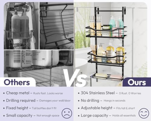 SWTYMIKI Over the Door Shower Caddy - 3 Tier Adjustable Shower Organizer Hanging with Soap Holder, No Drilling Stainless Steel Bathroom Rack Hanging for Body Wash, Shampoo, Soap, Razor, Black - Image 3
