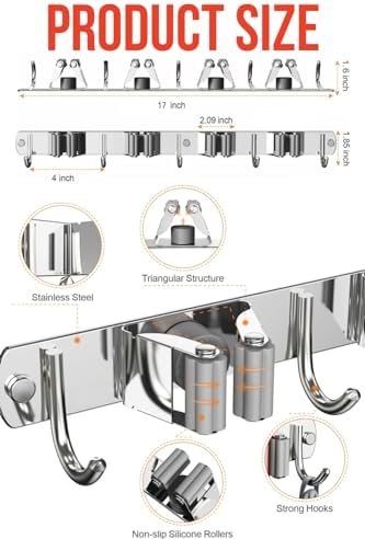 Mop and Broom Holder Wall Mount, Upgraded Broom Hanger Wall Mount, Stainless Steel Broom Organizer for Closet Garage Laundry Room Kitchen Wall Decor(4Racks 5Hooks Silver) - Image 4