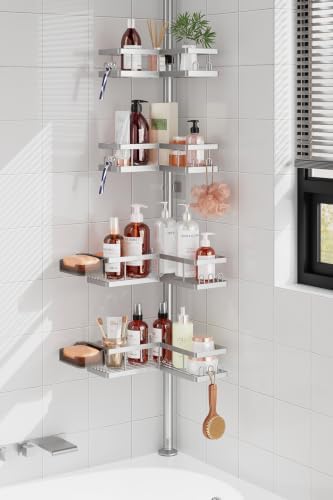 YASONIC Corner Shower Caddy Tension Pole, 25.7-109.1in Adjustable Shower Shelves, Rust-Resistant Shower Organizer, No-Drill 3-Step Installation, Bathroom Shelves for Renters & Family, Silver by YASONIC