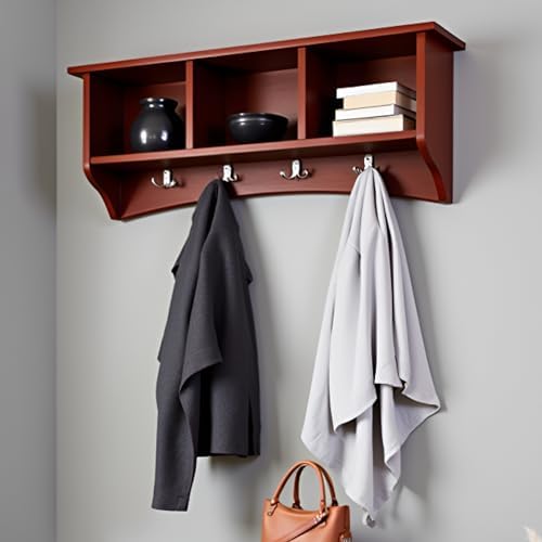 Shaker Cottage Wall-Mounted Coat Rack with 3 Storage Cubbies and 4 Hooks – 36" Space-Saving Entryway Organizer, Mudroom and Hallway Wall Shelf by Alaterre Furniture (Cherry Finish) - Image 6