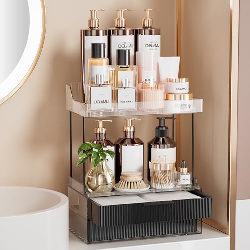 Delamu 4-Tier Makeup Organizer, Bathroom Counter Storage, 2 Drawers,Black by DELAMU