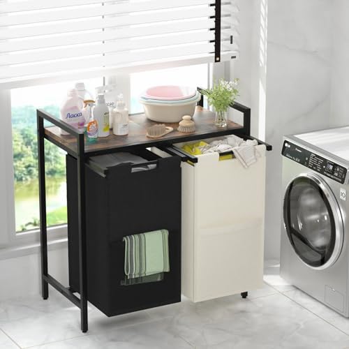 Huhote Double Compartment Laundry Basket, Laundry Sorter with Top Shelf, 2 Removable Washable Bags, Side Pockets, Black & White - Image 2